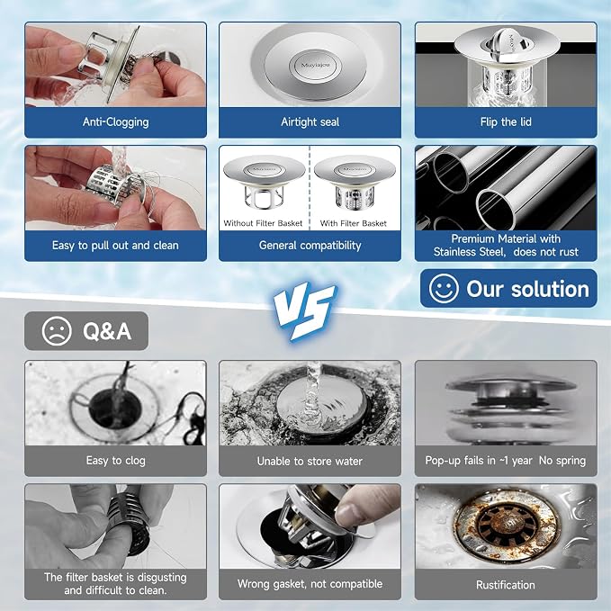 3-in-1 Flip-Cover Bathtub Drain Stopper, Muyiajou, Flush Design, Flip-Cover (No Springs), 2 Strainers, Fits 1.4"-2.6" Drains, Rustproof, Tool-Free（Silver）