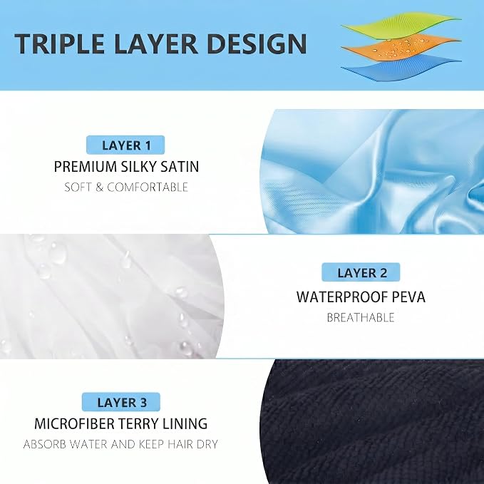 Aquior Shower Caps,Terry Lined Shower Cap for Women Reusable, Triple Layer Waterproof Bath Cap, Extra Large for Women Long Hair