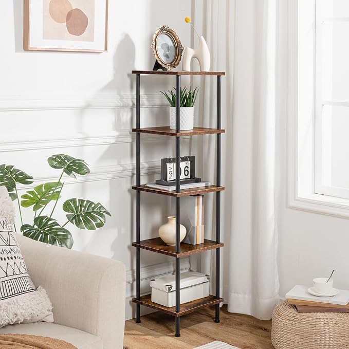 HOOBRO 5-Tier Corner Shelf Stand, Corner Square Rack Display Shelf, Tall Storage Plant Stand, Bookcase for Small Spaces, Living Room, Home Office, Kitchen, Rustic Brown and Black BF50CJ01
