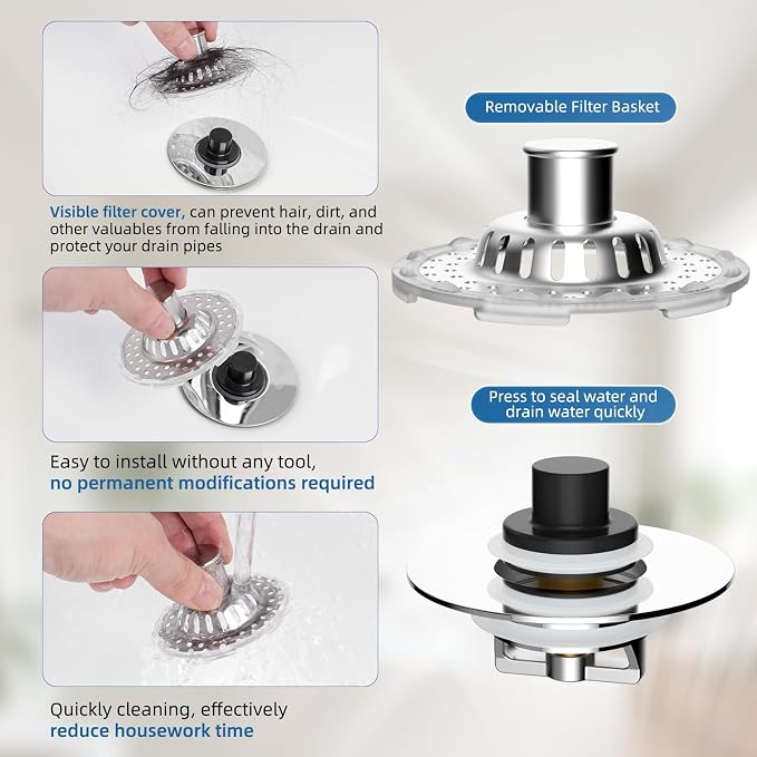 2PCS Universal Bathtub Drain Stopper, All Metal Top Hair Catcher, Chrome | Shower Drain Tub Stopper with Stainless Steel Visible Filter Basket, Upgraded 3 in 1 Pop-up Drain Plug for 1.5 to 2.4" Hole