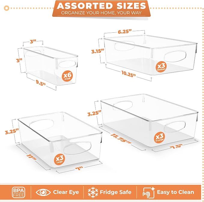 Sorbus Clear Plastic Storage Bins for Organizing, 15 Pack Clear Organizer Bins with Handles, Plastic Storage Bins for Closet, Pantry, Fridge, Medicine Cabinet Organizer, Shelves, Freezer, Drawer