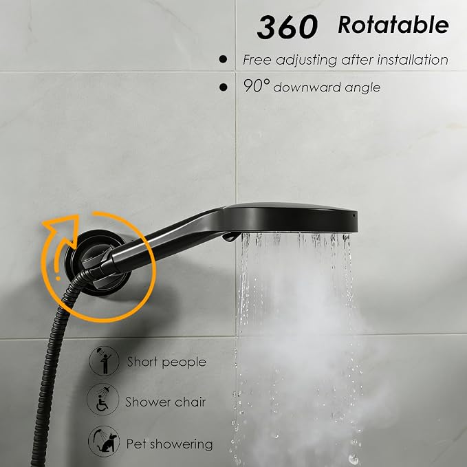 Hand held Showerhead Holder Wall Mounted with Suction Cup - Reusable- Wide Anlge Adustable Shower Hose Holder (Matte Black)