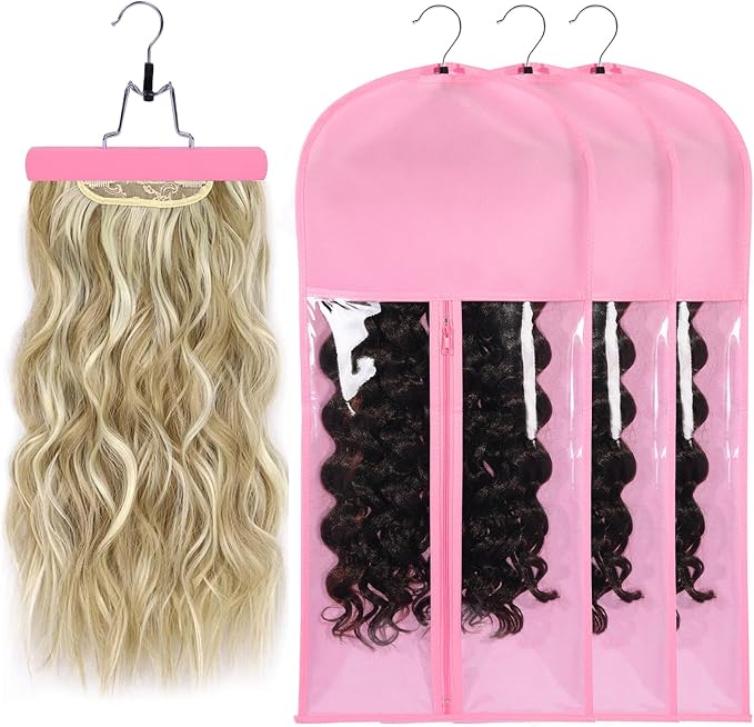 Wig Storage Bags with Hanger - Hair Extension Holder for Styling - Transparent Organizer Set (3PCS/PINK)