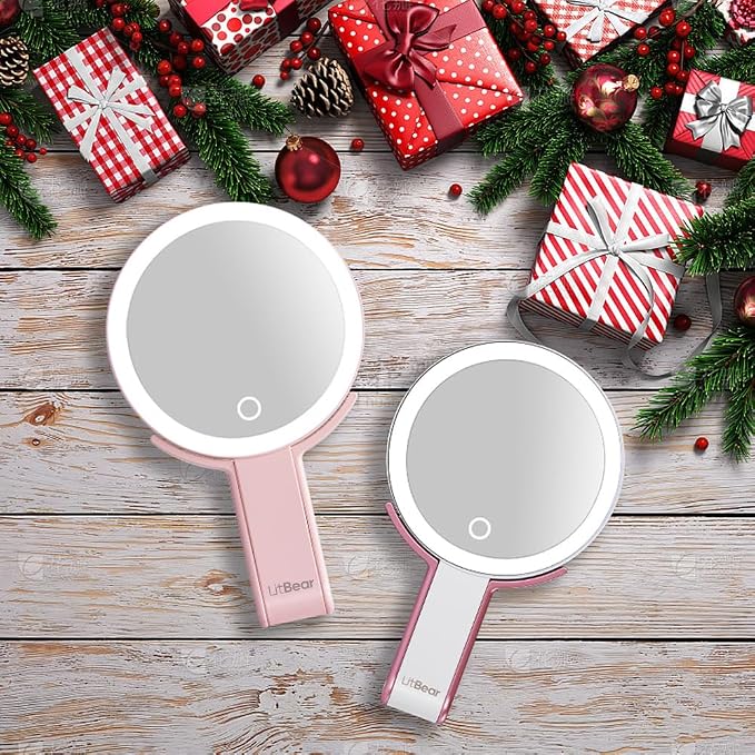 LitBear Travel Makeup Mirror with Lights, Rechargeable Double-Sided 10X/1X Magnifying Mirror, Portable Lighted Beauty Mirror, 3 Color Lighting, Dimmable Touch Screen, Tabletop Handhold Hanging (Pink)