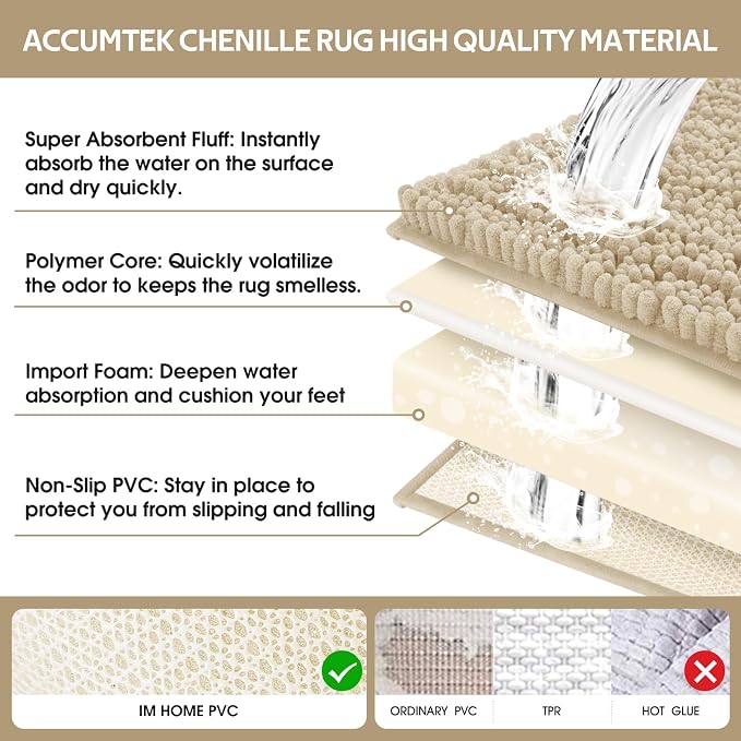 ACCUMTEK Upgrade Luxury 2 Piece Beige Toilet Bathroom Rug Mat 60"x20"+32"x20", Ultra Soft Thick Absorbent Bath Mats, Non Slip Chenille Toilet Mat for Bathroom, Bedroom, Kitchen, Shower, Tub