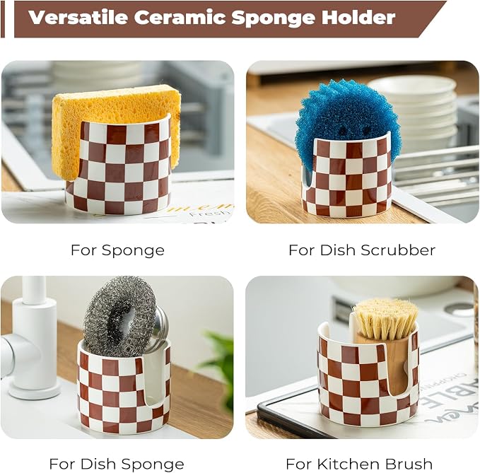 Checkered Sponge Holder for Kitchen Sink, Ceramic Dish Sponge Drying Caddy Scrubby Holder Kitchen Organizer Cute Dish Rack for Sink Counter, Brown and White