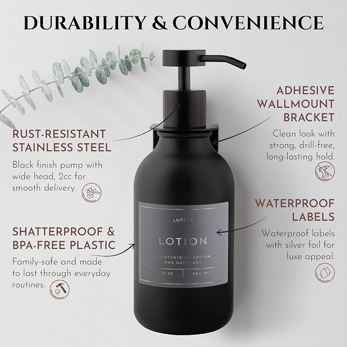 Shower Shampoo Dispenser Wall Mounted – 3 Refillable 16.9 oz Black Bottles with Stainless Steel Pumps & No-Drill Adhesive Holders – Soap Dispenser Set for Bathroom (3 X Black)