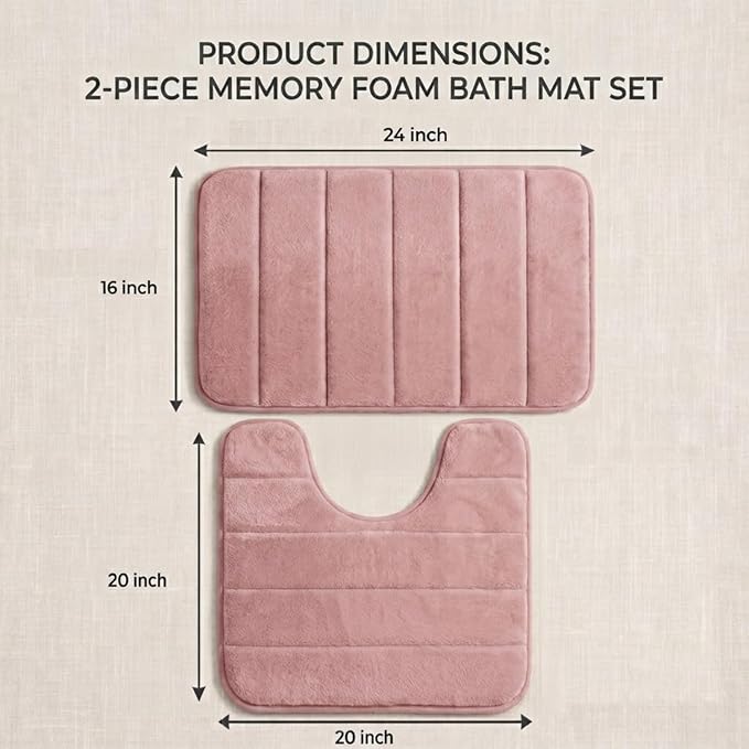 U-Shaped Toilet Bath Mat Set 2 Piece - Super Soft Absorbent Quick Dry Memory Foam Bathroom Rugs, Machine Washable Non Slip Floor Carpet for Tub Shower & Single Sink 16x24 & 20x20,(Pink)