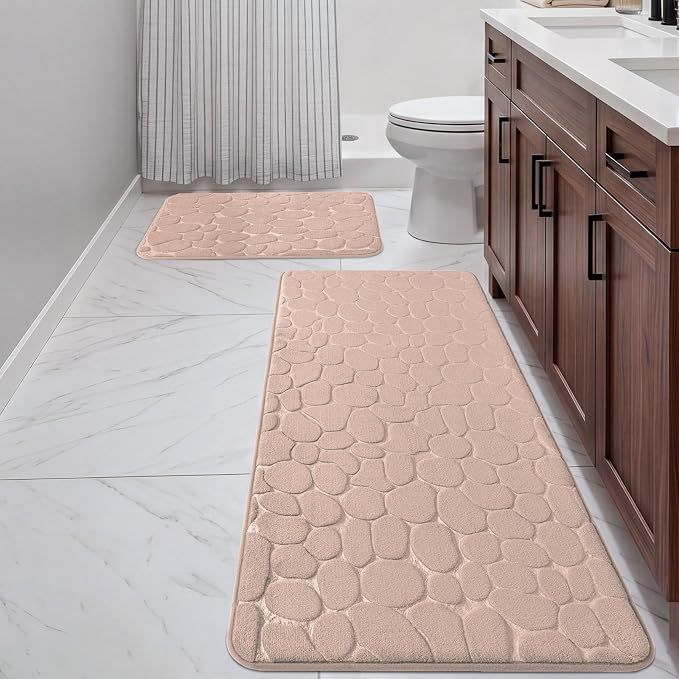 YIHOUSE Bathroom Rugs Mat Set, Memory Foam Bath Mat 2 Piece Khaki | 17x24&20x46, Non Slip, Water Absorbent, Washable, Bath Mat For Bathroom, Sink and Toilet