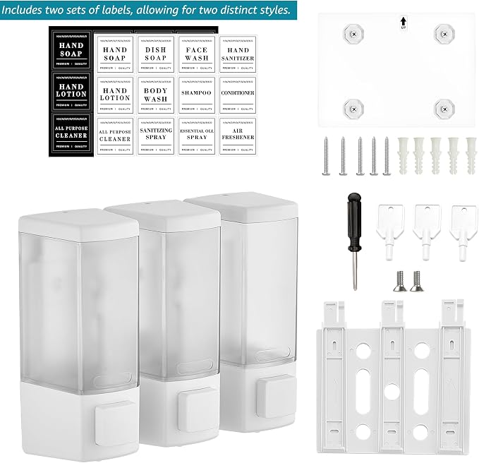 Shampoo and Conditioner Dispenser for Shower, 3 Chamber, White | Wall Mounted, No Drill, 3×16.9oz, ABS Plastic Material, Refillable With Labels, For Bathroom Hotel