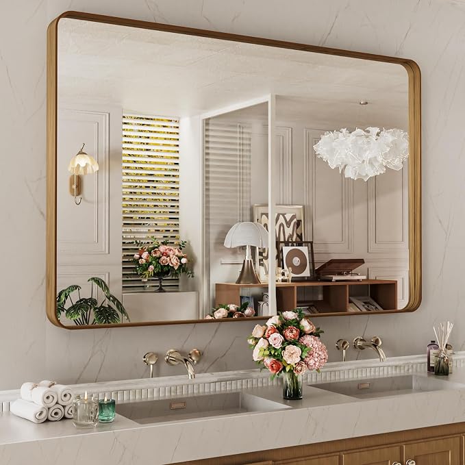 LOAAO 55X36 Inch Bathroom Mirror with Wood Grain Colored Metal Frame, Rounded Rectangle Metal Framed Bathroom Mirror, Anti-Rust, Hangs Horizontally or Vertically, Tempered Glass | Rounded Rectangle Metal Framed, Anti-Rust, Hangs Horizontally or Vertica...