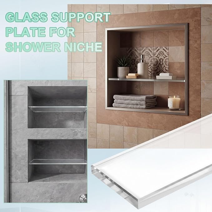AceOrbit 2 Pcs 3-3/8 x 12 x 3/8 Inch Glass Shower Shelf for Shower Niche Break-Resistant Easy Install Ultra-Clear Glass Support Plate for DIY Storage Decor