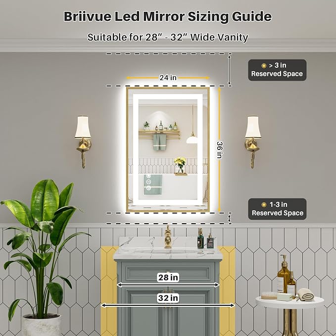 24x36 Inch LED Bathroom Mirror with Gold Frame, Backlit & Front Lit | Anti-fog, 3 Color Dimmable, Memory Function, HD Reflection Tempered Glass, ETL Listed, IP54 Waterproof