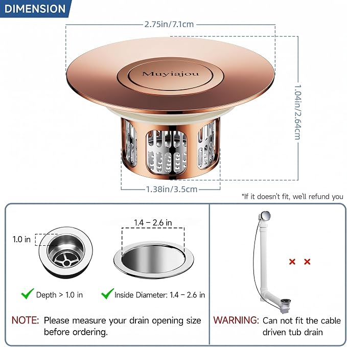 3-in-1 Flip-Cover Bathtub Drain Stopper, Muyiajou, Flush Design, Flip-Cover (No Springs), 2 Strainers, Fits 1.4"-2.6" Drains, Rustproof, Tool-Free（Rose Gold）