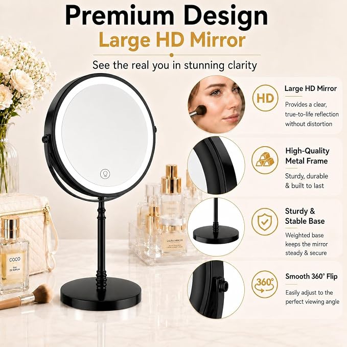 DEIOVWXS Makeup Mirror, Rechargeable Vanity Mirror with 3 Lights, 1X/10X | Adjustable Brightness, 3000mAh, Double-Sided, Gift for Mom, Women, Wife, Girls, Dorm Room Essential