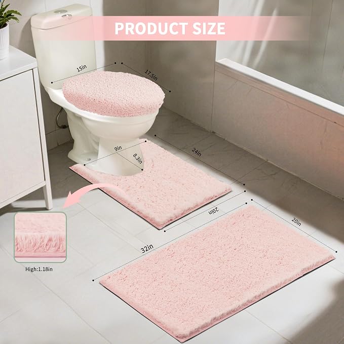 Bathroom Rugs Sets 3 Piece with Toilet Seat Cover 17.5"x 15" | Machine Washable Bath Rug Set with Tpr Non Slip Rubber Backing Solid Bath Mat Set for Luxury Bathroom Decoration