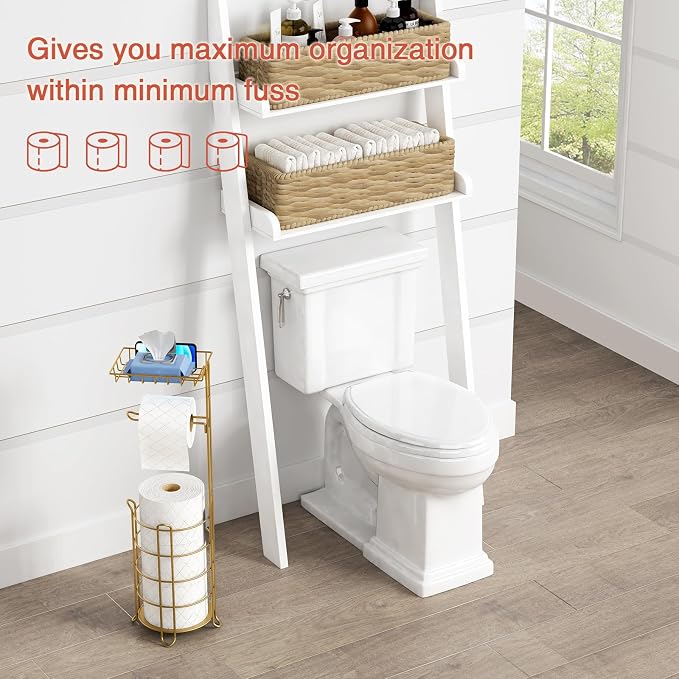 Goozii Gold Free Standing Toilet Paper Holder Stand with Phone Shelf, Floor Bathroom Tissue Holder for Large Mega Rolls, Metal Freestanding Toilet Paper Roll Holder with Wipes Storage Tray