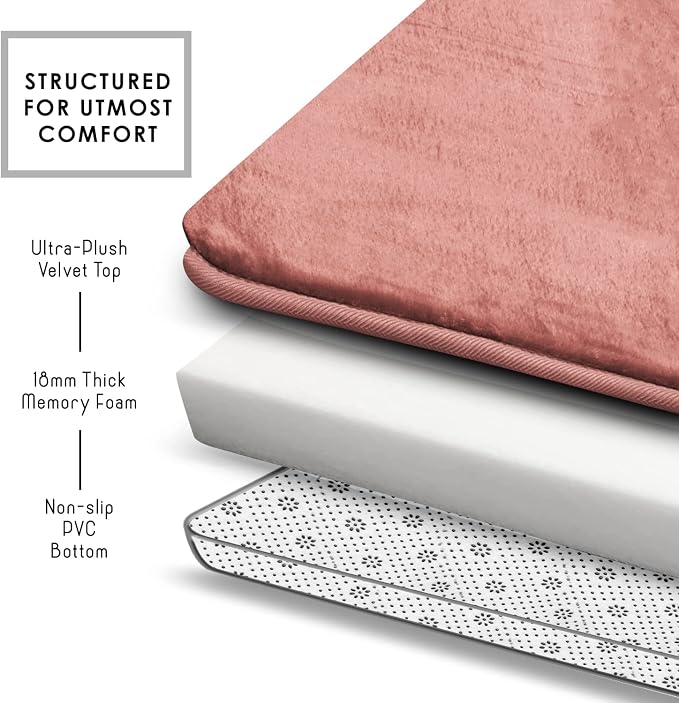 Clara Clark 2 Piece Bathroom Rugs, Velvet Memory Foam Bath Mat Set, Non-Slip Bath Rugs, Machine Wash, Dries Quickly, Ultra Soft Plush Bath Mats for Bathroom, 20 x 32 + Contour, Misty Rose