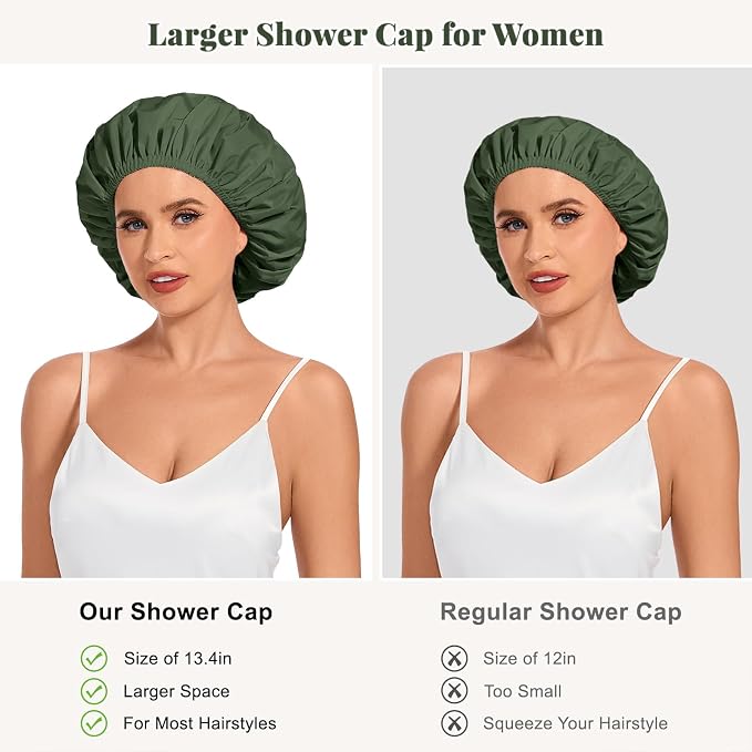 Shower Cap for Women Waterproof Reusable, Large Shower Cap Non-Slip with Elastic Band, Washable Bath Hair Hat for Long Hair, Braids (Dark Green)