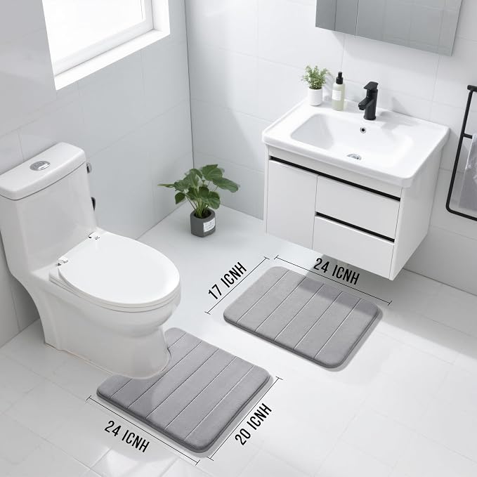 Yimobra U-Shaped Toilet Bath Mat Set 2 Piece - Super Soft Absorbent Quick Dry Memory Foam Bathroom Rugs, Machine Washable Non Slip Floor Carpet for Tub Shower & Single Sink (17x24 & 24x20, Gray)