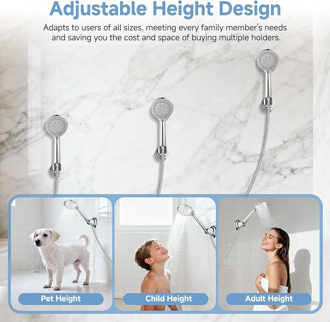 Suction Shower Head Holder, Removable Wall-Mount Handheld Shower Holder, No-Drill Adjustable Chrome Suction Cup 5-Angle Tilt & 360° Swivel