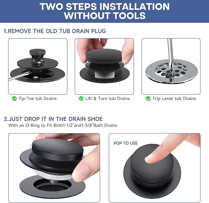 Matte Black Universal Tip Toe Tub Stopper Replacement, Pop Up Bathtub Drain Stoppers, Bathroom Bath Tub Drains Plug, Replaces Lift and Turn, Tip-Toe and Trip Lever drains for Tub, Easy Install