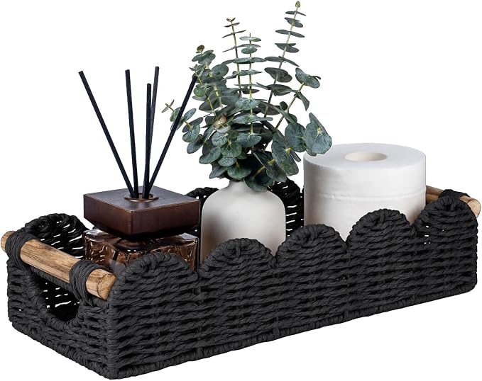 CubesLand Toilet Tank Paper Storage Basket Bathroom Counter Baskets for Organizing, Scalloped Decor Basket for Home, Living Room, Nursery, Wicker Bathroom Shelves Organization&Decorative Tray, Black