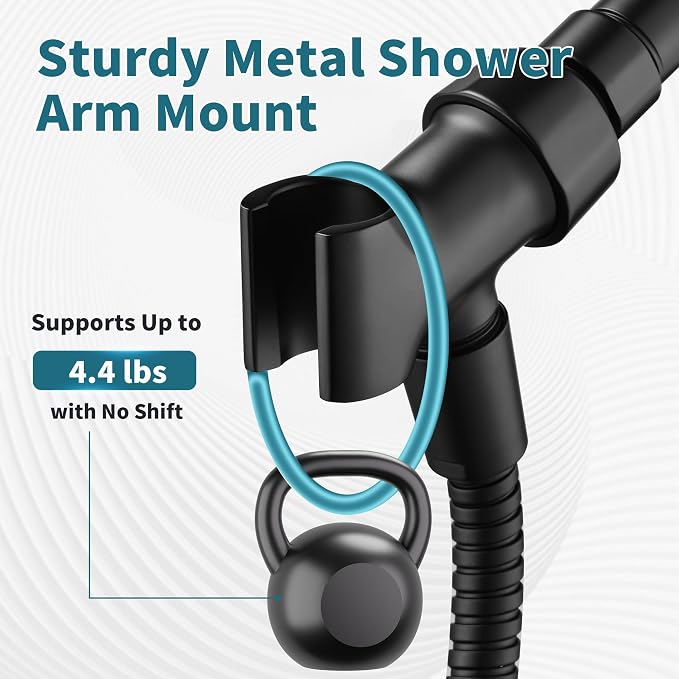 BRIGHT SHOWERS All Metal Handheld Shower Head Holder, Adjustable Shower Arm Mount with 360 Degree Rotatable Brass Ball Joint and Hose Connector, Universal Wall Hook Bracket, Matte Black