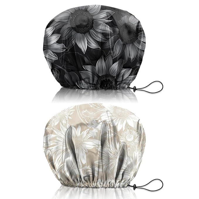 2 PCS Shower Cap Reusable Waterproof Double Layers Hair Caps Shower Bath Adjustable Elastic Hat for Women Girls Cute Aesthetic-Sunflower