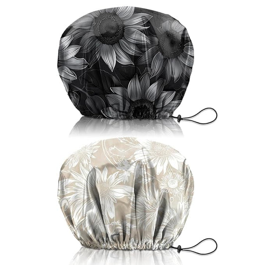 2 PCS Shower Cap Reusable Waterproof Double Layers Hair Caps Shower Bath Adjustable Elastic Hat for Women Girls Cute Aesthetic-Sunflower