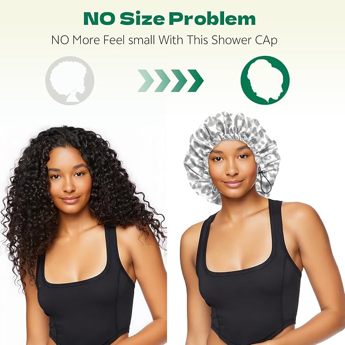2 PCS Shower Cap Waterproof Double Layer Elastic Adjustable Reusable Hair Bath Caps for Girls Women Cute Aesthetic-Grey
