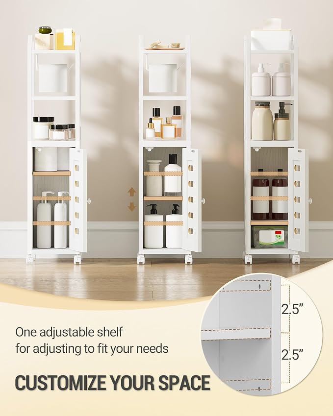 Hzuaneri Bathroom Storage Cabinet - Toilet Paper Storage Cabinet, Small Toilet Paper Holder with 4 Wheels, Bathroom Organizer with Adjustable Shelf, for Small Spaces, White BC04613W