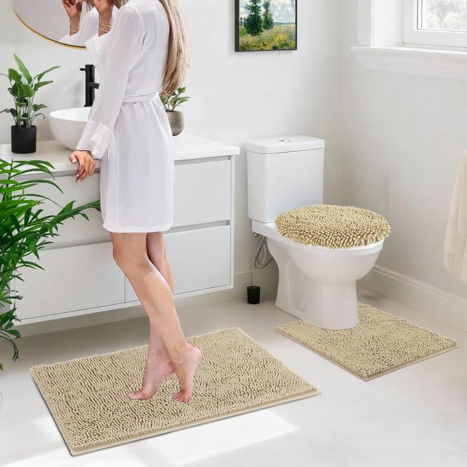 Bathroom Rugs Sets 3 Piece with Toilet Seat Cover 19.5"x 18.5" | Machine Washable Bath Rug Set with Tpr Non Slip Rubber Backing Solid Bath Mat Set for Luxury Bathroom Decoration