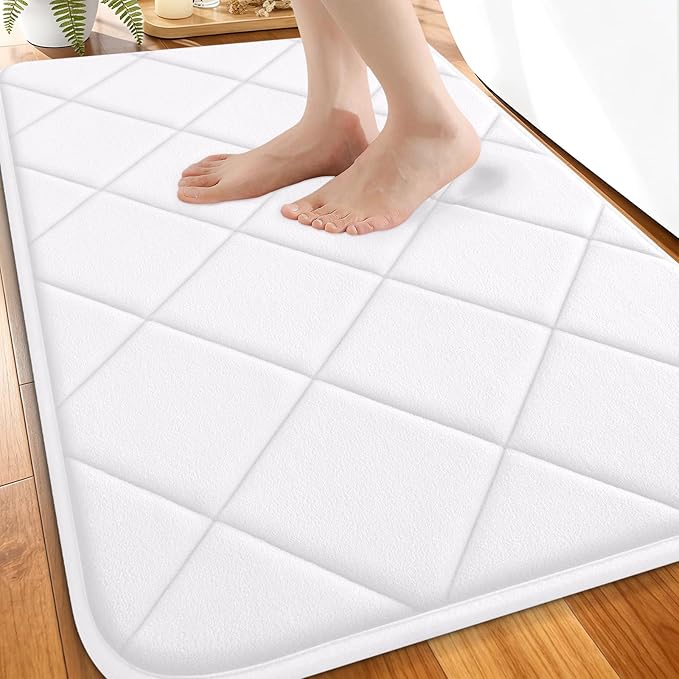 OLANLY Memory Foam Bath Mat 30x20, Ultra Soft and Absorbent Bathroom Rugs | White, Quick Dry, Machine Washable Shower Bath Rugs, Comfortable Bath Carpet for Bathroom Floor, Tub and Shower
