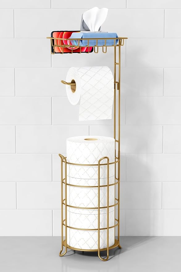 Goozii Gold Free Standing Toilet Paper Holder Stand with Phone Shelf, Floor Bathroom Tissue Holder for Large Mega Rolls, Metal Freestanding Toilet Paper Roll Holder with Wipes Storage Tray