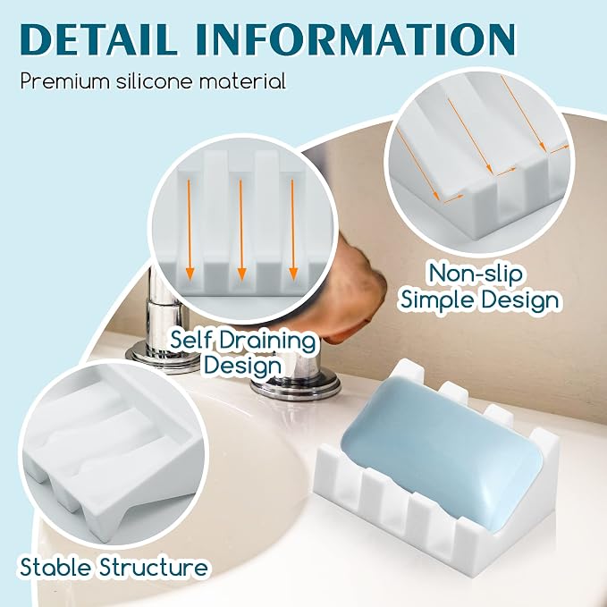 Self Draining Silicone Soap Dish Holder Waterfall Tray, 2 Pack White Pink | Waterfall design drains fast to keep soap dry, non-slip silicone base anti slide, soap saver for bathroom & kitchen