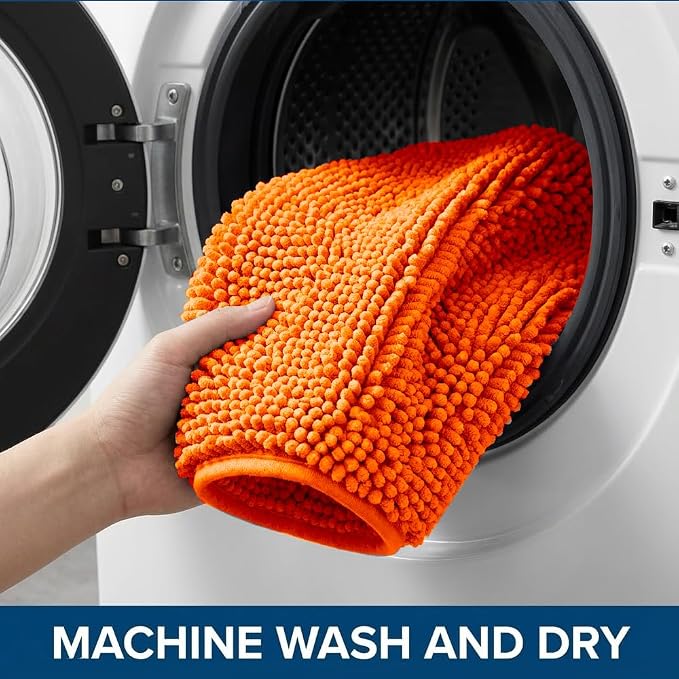 Bathroom Rugs Sets 2 Piece,Super Absorbent Chenille Bath Mats and U-Shaped Toilet Rug,Strong PVC Non Slip Backing,Microfiber Washable Dry Quickly Bath Mats for Bathroom(20"x32"+20"x20"U, Orange)