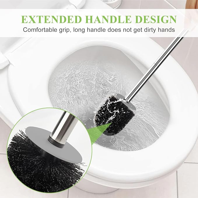 AONEZ Compact Toilet Brush & Holder, Stainless Steel Handle, Space Saving for Storage, Deep Cleaning, Drip-Proof, Easy to Assemble, Nylon Bristles, White & Grey | Stainless Steel Handle; Easy to Hide; Space Saving for Storage; Drip-Proof; Easy to Assem...