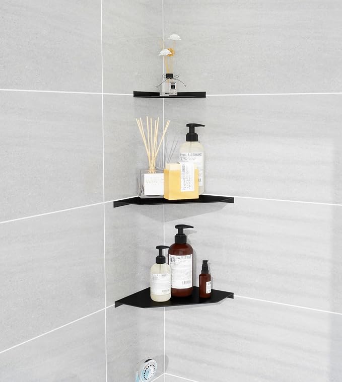 Corner Shelf Wall Mounted, Black Corner Shelf, Shower Shelf, Floating Corner Shelf – 3mm Aluminum Matte, for Bathroom Kitchen Living Room, 6 Inch Holds Phone, Plants, Speaker