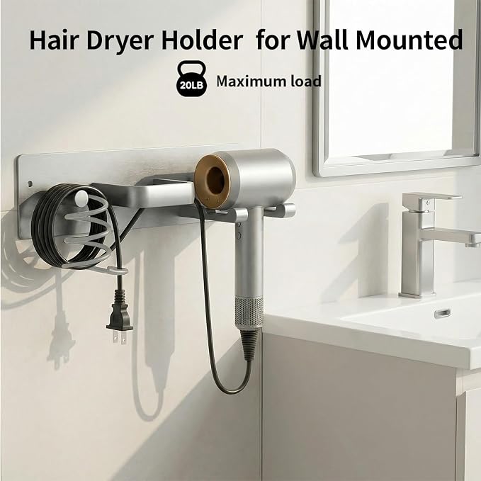 Hair Dryer Holder Hair Tool Organizer Metal Wall Mount (Silver) | Heat Resistant Hair Tool Organizer, Metal Wall Mount Storage, Bathroom Counter Space Saver, Blow Dryer Holder