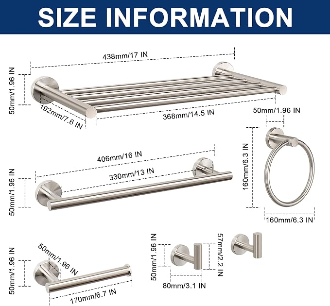 NearMoon Bathroom Accessories Set 6 Pieces, SUS304 Stainless Steel Bathroom Hardware Set, Shower Towel Rack for Kitchen, Towel Holder Wall Mounted (16 Inch, Brushed Nickel)