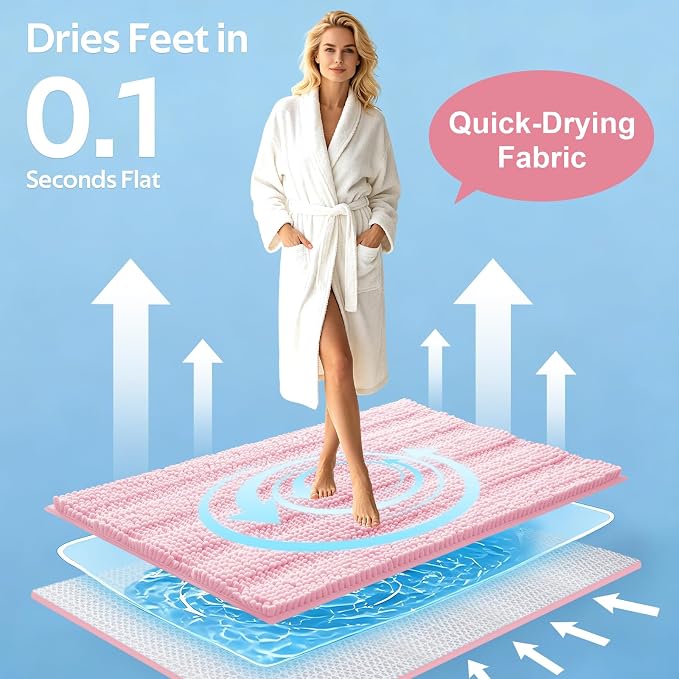ACCUMTEK Christmas Striped Pink Bathroom Rug Mat Set 2 piece 32"x20"+24"x17" Ultra Soft, Non Slip Chenille Bath Rugs, Absorbent Plush Shaggy Bath Mats for Bathroom, Bedroom, Kitchen, Shower, Tub