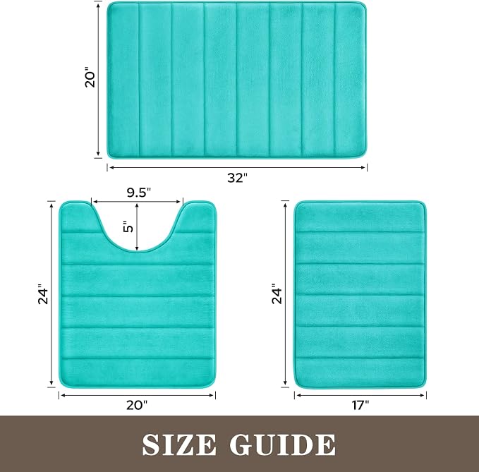 BYSURE Light Teal Memory Foam Bathroom Rug Set 3 Piece | Non Slip Extra Soft Absorbent Machine Washable Toilet Bath Toilet Mat 17"x24"+20"x32"+U Shape 20"x24"