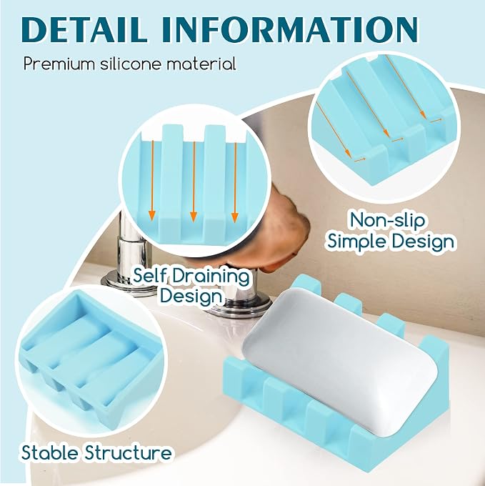 Silicone Soap Dish Self Draining for Shower & Kitchen (Sky Blue,2 Pack) | Waterfall drainage design drains fast to keep soap dry non-slip silicone base, practical soap saver for bathroom & kitchen
