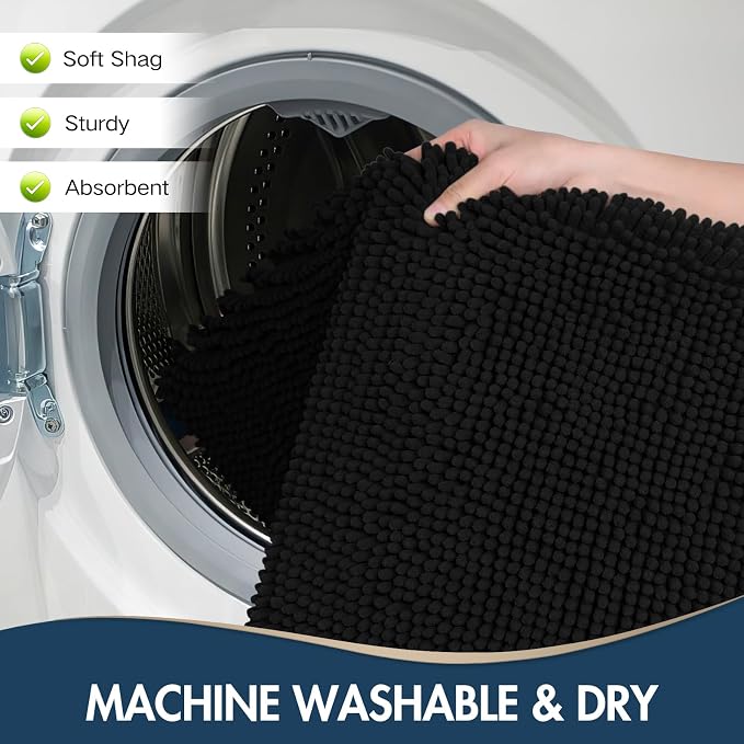 TREETONE Bathroom Rugs Sets, Thick Soft Absorbent 3 Piece Chenille Bath Rugs, Non-Slip, Dry Quickly, Machine Washable, Shaggy Mats with U-Shaped Toilet Rug for Bathroom Floor, Tub and Shower, Black