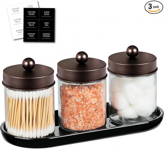 SheeChung 3 Pack Glass Apothecary Jars with Acrylic Vanity Tray | Bathroom Jars with Lids Set with for Qtip, Cotton Ball, Floss Picks - Modern Industrial Style - Bathroom Organizer (Bronze)