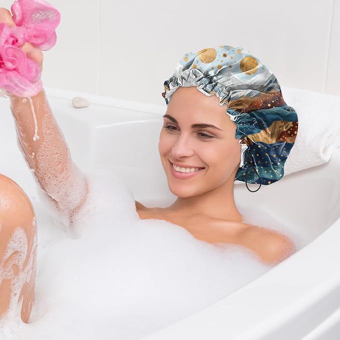 2 PCS Shower Cap Waterproof Double Layer Elastic Adjustable Reusable Hair Bath Caps for Girls Women Cute Aesthetic-Blue