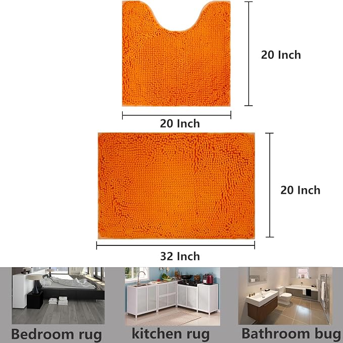 Bathroom Rugs Chenille, Extra Thick and Absorbent, Non-Slip, Machine Washable, Dry Quckily, Soft Cozy Plush, Used Under Shower Bathtub and Sink, Bath mat Sets Orange