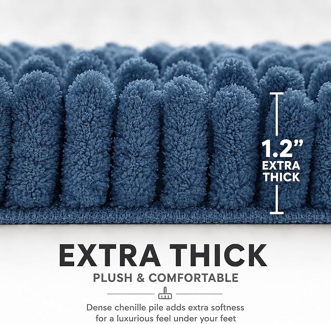 Bathroom Rugs Sets 2 Piece,Super Absorbent Soft,Thick,Machine Washable Chenille Bath Mat,Non Slip Toilet Floor Rug,Bath Mats for Bathroom,20x32 Plus 20x20 U Shape,Denim Blue