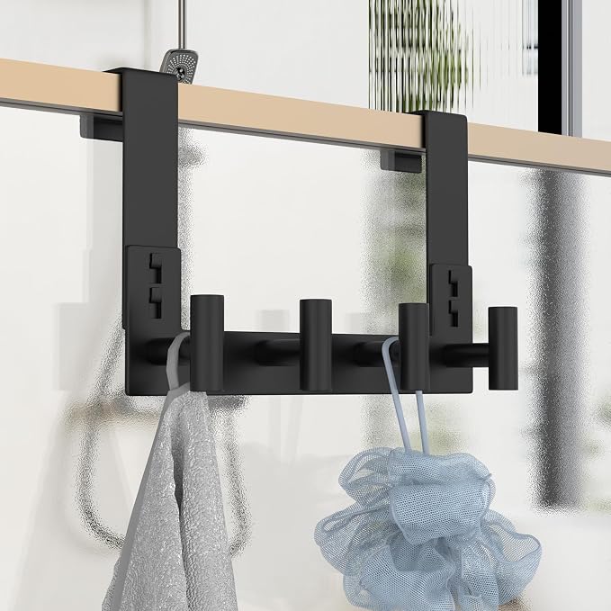PMMASTO Over The Door Hooks, Fits 1-3/4" Thick Door No Drill Hooks for Closet Bathroom Bedroom Organization, Hanger for Coat Towel Robe (Black, 4 T-Hooks)
